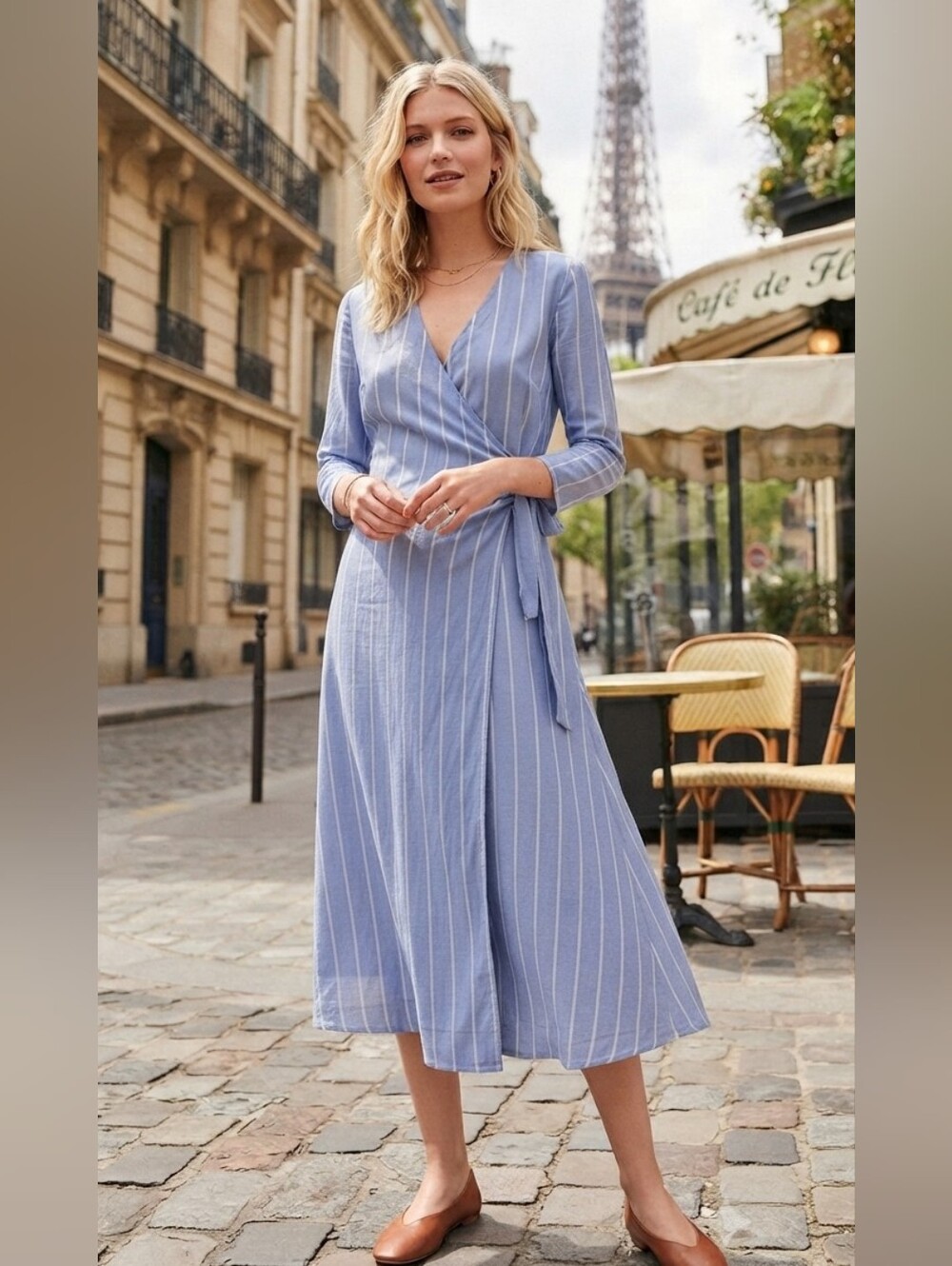 Nwt Sezane Light Blue and White Striped Wrap Midi Dress Fr38
